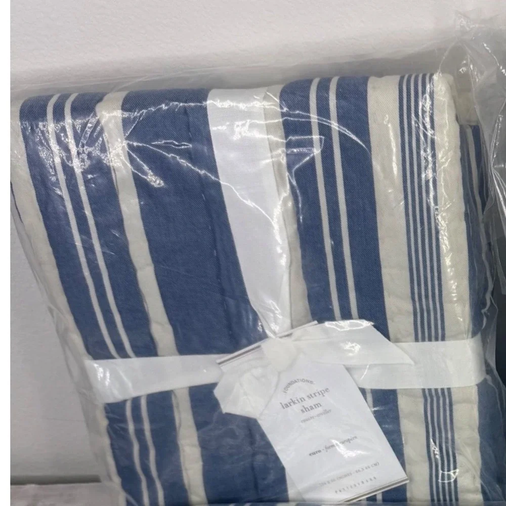 Pottery Barn Foundations Larkin Stripe Euro Sham Blue White Set of 4 26x26 NEW